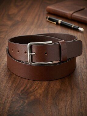 Genuine Leather Men Belt Brown with Heavy Silver Buckle